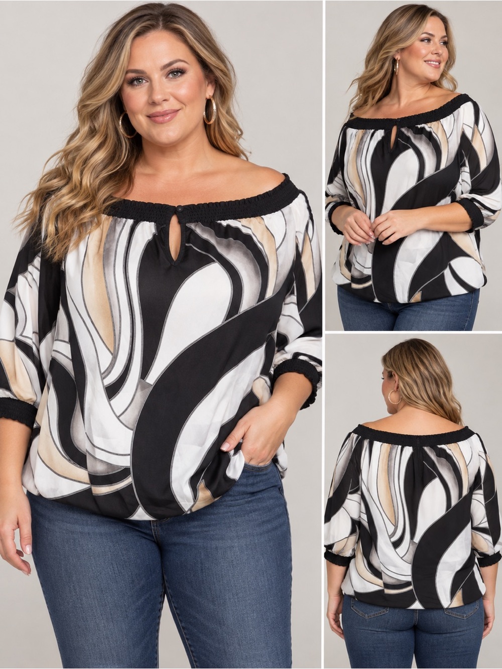 White House Black Market Black Cream and White Abstract Off-Shoulder Tunic